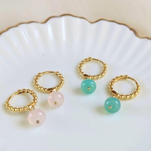 Clip earrings with gemstones, gold earrings with rose quartz, small earrings with green chalcedony, gold earrings with stones, nickel-free