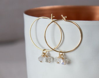 Fine hoop earrings with moonstone, gold hoop earrings with small gemstones, birthstone June & Cancer, thin hoop earrings with stones, gift for daughter