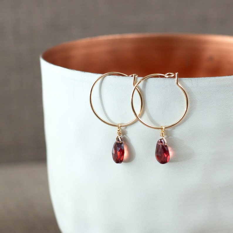 Garnet Hoop Earrings, Hoop Earrings with Garnet, Birthstone Garnet, Birthstone Hoop Earrings, Teardrop Hoop Earrings, Gift for Her image 2