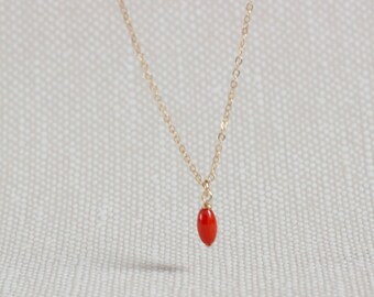 Gold Filled Necklace with Coral Pendant, Small Coral Pendant Necklace, Delicate Coral Necklace Gold, Dainty Coral Drop Necklace