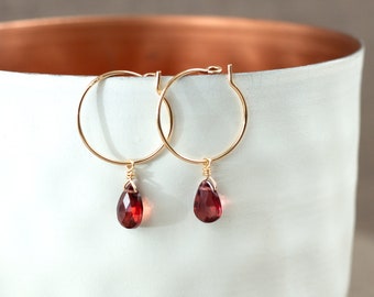 Garnet Hoop Earrings, Hoop Earrings with Garnet, Birthstone Garnet, Birthstone Hoop Earrings, Teardrop Hoop Earrings, Gift for Her