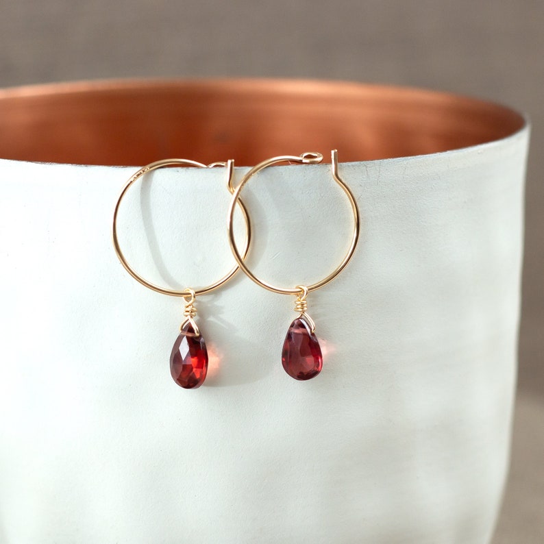 Garnet Hoop Earrings, Hoop Earrings with Garnet, Birthstone Garnet, Birthstone Hoop Earrings, Teardrop Hoop Earrings, Gift for Her image 1