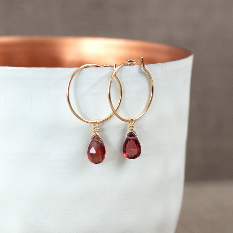 Garnet Hoop Earrings, Hoop Earrings with Garnet, Birthstone Garnet, Birthstone Hoop Earrings, Teardrop Hoop Earrings, Gift for Her image 3