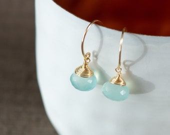Small dangle earrings with sky blue stones | elegant 14k Gold Filled earrings with Chalcedony | dainty earrings with pendants | "Azuré"