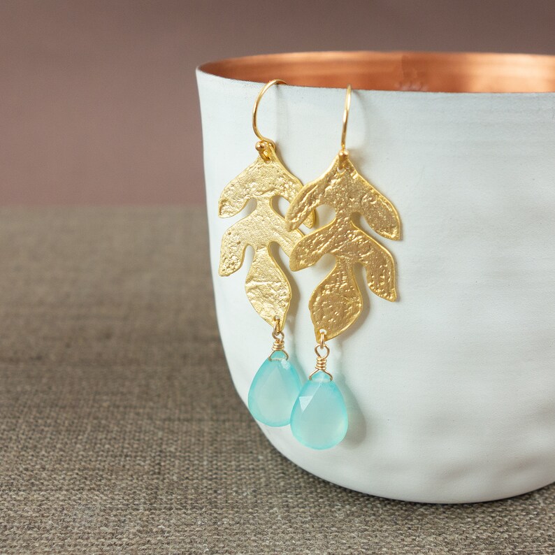 Tropez long hanging earrings gold Statement earrings with drops in light blue St Chalcedon Aqua Gift Christmas Wife Wife
