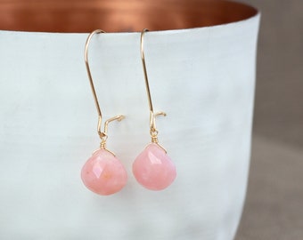 Dangle Earrings with Pink Peruvian Opal, Pink Gemstone Drop Earrings, Light Pink Stone Earrings, Pastel Pink Earrings, Gold Filled Earrings