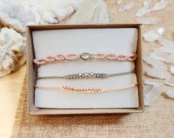 Moonstone bracelet silver , Knotted bracelet woven , Simple bracelet macrame  , Pale pink bracelet set