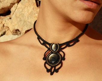 Black Macrame Choker with two Golden Obsidian Gemstones