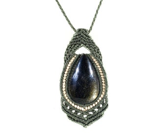 Green Macrame Necklace with teardrop Golden Obsidian gemstone