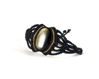 Black Macrame Bracelet Golden Obsidian Gemstone Tribal Boho Gypsy Pixie Bohemian Micromacrame Jewelry