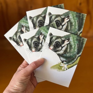 5 x Leadbeater's Possum painting greeting card. Endangered mammal species cute eyes forest fairy climbing down tree. Victoria Australia
