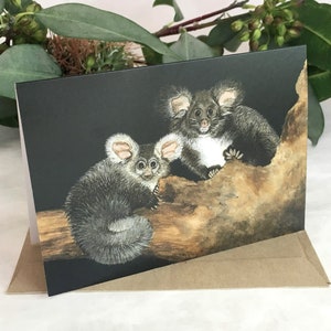 Grands planeurs - Carte de voeux d'art animalier australien. Peinture acrylique. Espèce menacée d'extinction pour la maison, jolie fourrure grise fuligineuse