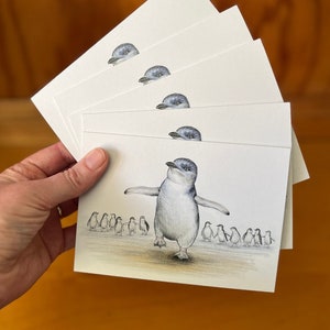 5 x Little Penguin greeting cards - Australian Wildlife art cute happy feet penguins dancing on beach