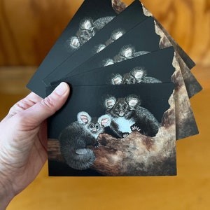 5 cartes de voeux Grands planeurs. Espèces menacées arbre maison creuse mignonne fourrure gris fuligineux duveteux art animalier australien peinture acrylique