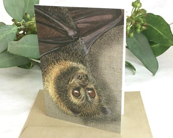 Tarjeta artística de zorro volador de anteojos: ilustración a lápiz de fauna australiana