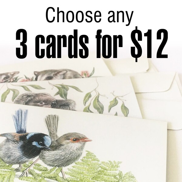 Your Choice of 3 Greeting Cards of Australian wildlife art illustrations, animals, birds, nature portraits, colour pencil drawings paintings
