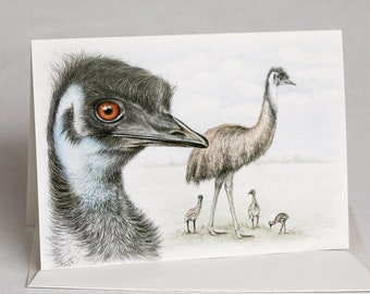 Emu - Australian wildlife art greeting card. Pencil illustration. Unique. Family. large flightless bird dark feathers Aussie icon