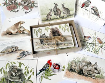Tarjetas de felicitación con temática de fauna silvestre australiana (caja de 10) – Parejas y familias de animales.