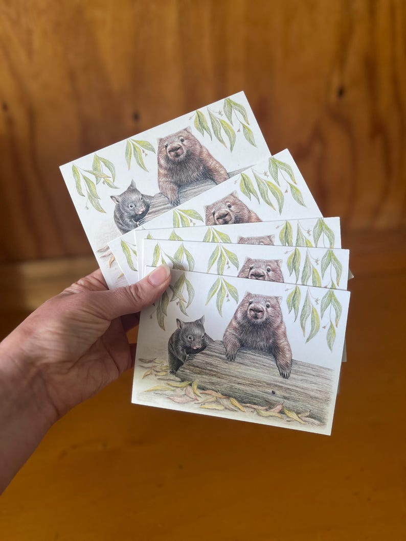 Wombat Art Greeting Card: Australian Wildlife, Mother and Joey, recycled paper, blank inside image 6