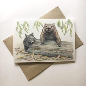 Wombat Art Greeting Card: Australian Wildlife, Mother and Joey, recycled paper, blank inside image 2