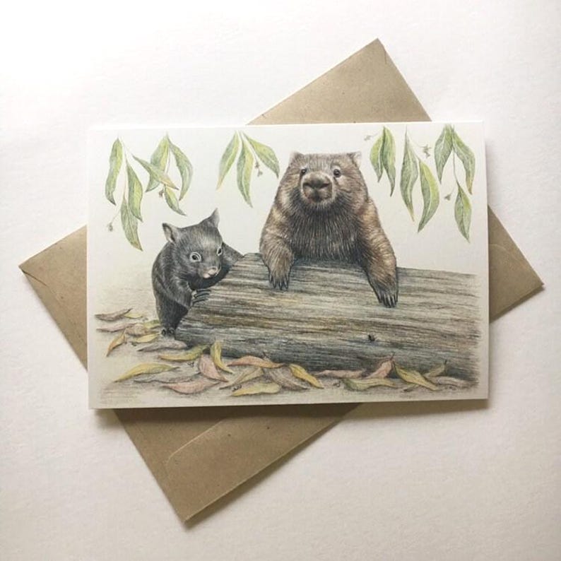 Wombat Art Greeting Card: Australian Wildlife, Mother and Joey, recycled paper, blank inside image 2