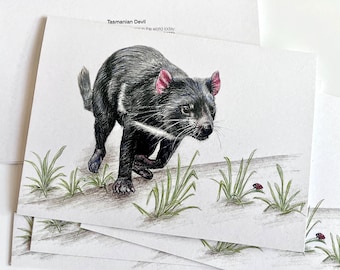 Tarjeta de felicitación con el demonio de Tasmania: fauna australiana en peligro de extinción, papel reciclado, interior en blanco.