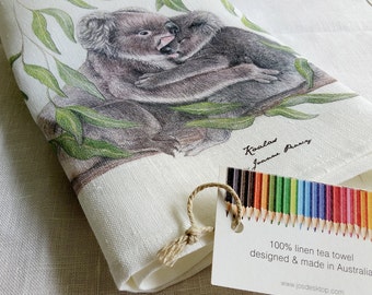Koalas Tea Towel, Australian wildlife illustration, Mother and child cuddle Love gum leaves. 100% Linen. Printed in Australia. Kitchen gift.