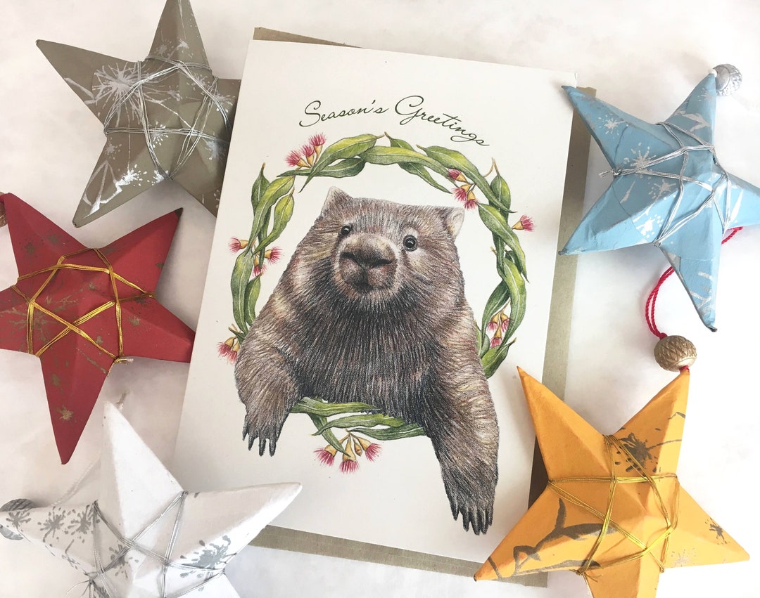 Australian Christmas Card With Wombat, Wildlife Australia Animals Aussie Christmas Wreath Gum