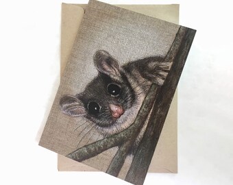 Tarjeta de felicitación artística de zarigüeya de Leadbeater: fauna australiana, papel reciclado, interior en blanco