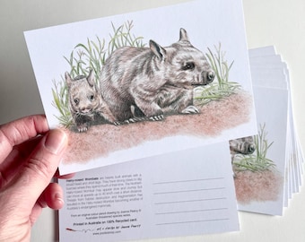 Postales de wombat de nariz peluda (paquete de 10): Arte de la fauna australiana, papel reciclado.