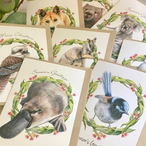 Australian CHRISTMAS cards - pack of 8 - wreath of gum leaves with wildlife animals birds, Merry Christmas, Seasons Greetings, blank inside