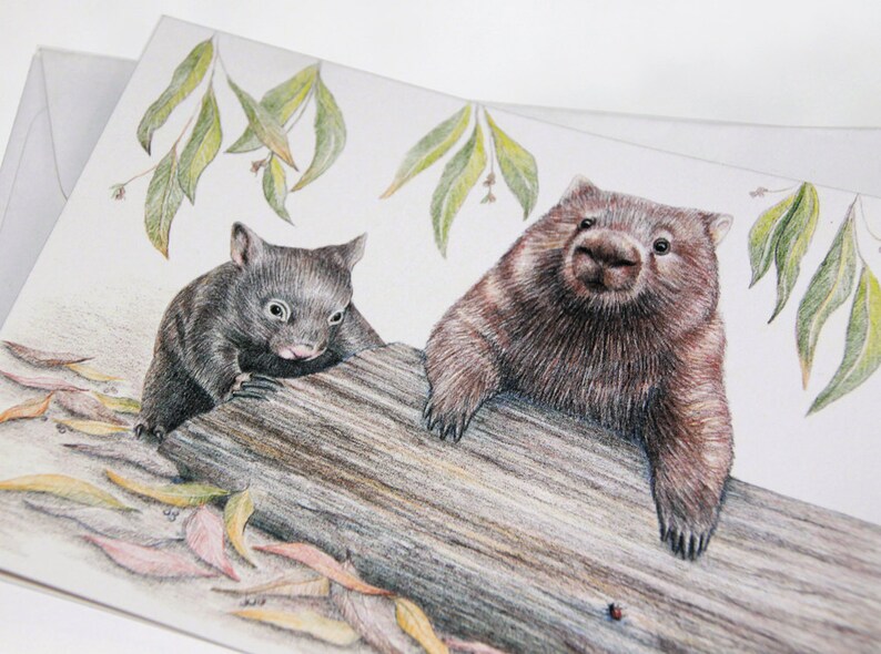 May include: A drawing of two wombats, one large and one small, sitting on a log. The larger wombat is brown and has a fluffy coat. The smaller wombat is black and has a smooth coat. Both wombats are looking at the viewer. The background is white with green leaves.