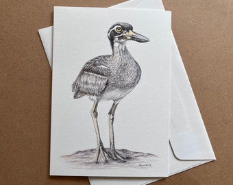 Beach Stone-curlew greeting card Australian wildlife art, painted portrait shorebird beach-nesting bird elusive shy vulnerable strong bill