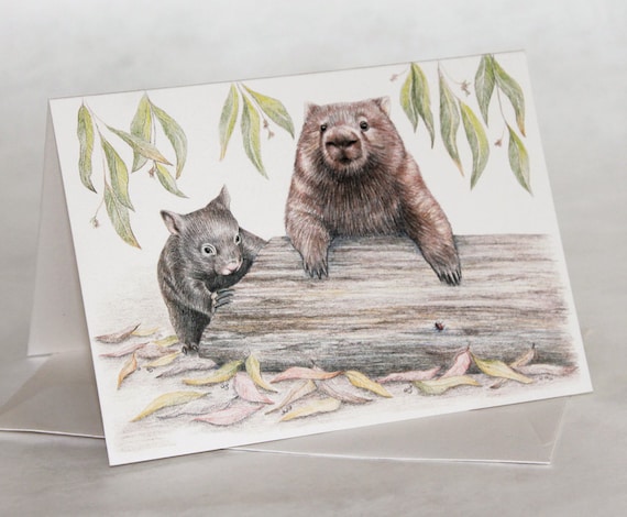 Wombat Art Greeting Card: Australian Wildlife, Mother and Joey, recycled paper, blank inside
