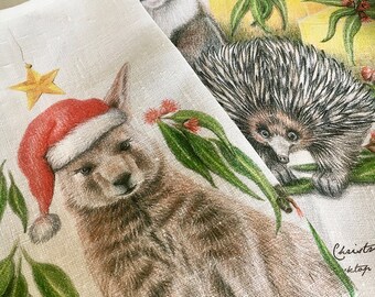 Australian Christmas Tea Towel 100% Linen Xmas gift koala kangaroo echidna wildlife illustration gum leaves Christmas star