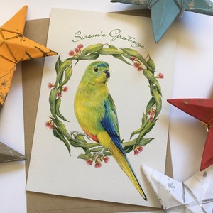 Carte de Noël australienne avec perroquet à ventre orange, faune guirlande de Noël australienne feuilles de gomme fleurs oiseau cartes de Noël voeux de fin d'année