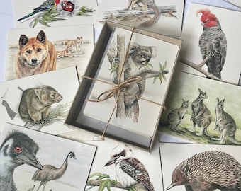 Tarjetas de felicitación con animales y aves australianas (caja de 10) - Iconos de la fauna australiana