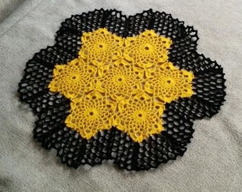 Yellow and black table cover doily centerpiece placemat crochet