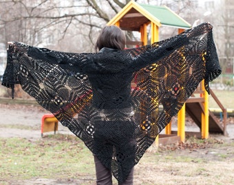 Black triangle scarf shawl - viscose and cotton unique handmade crochet