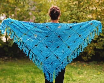 Blue Triangle Scarf Shawl  Crochet Handmade