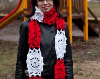 Flowers white red shawl scarf crochet handmade