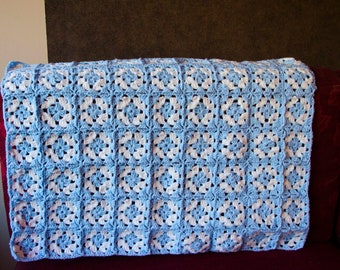 Blue and white granny square baby afghan