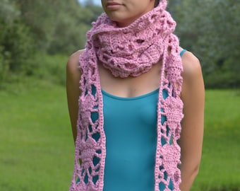 Pink Hearts Scarf Merino Crochet Handmade