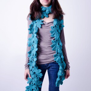 Green blue floral scarf and beretunique handmade blue crochet