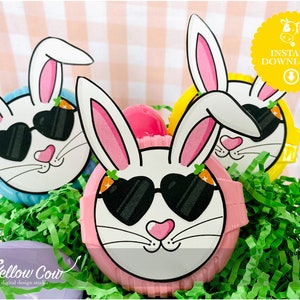 Könnte beinhalten: Drei Osterhasen-Süßigkeitenbehälter mit rosa, blauen und gelben Deckeln. Jeder Behälter zeigt einen weißen Hasen mit rosa Ohren, Sonnenbrille und einer Karottennase. Die Behälter stehen auf einem Bett aus grünem Gras.