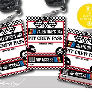 Druckbare Boxencrew Pass Valentines, Nascar inspirierte Valentinstagskarten, Autorennen Valentines für die Schule, Stock Car Valentines für die Klasse