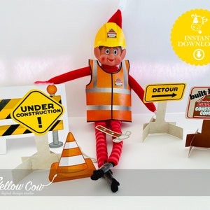May include: Printable elf construction set with a yellow hard hat, orange vest, and signs that say "Under Construction!" and "Detour". The sign "Built by Gingerbread Construction Company" is also included.
