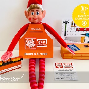 May include: An elf doll wearing an orange apron with "The Gnome Depot Elf Workshops" logo and the text "Build & Create." The elf is surrounded by toy tools, a toolbox, and a certificate. A yellow circle with "Instant Download" is in the top right.
