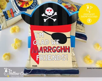 Printable Pirate Booty Valentines Day Snack Tag, Pirate Valentine Treat Bag Tag, Ahoy Kids, Classroom Valentines, Instant Download Valentine Tag