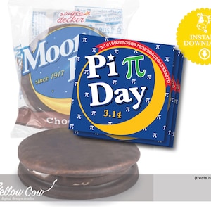 May include: A set of four blue and yellow printable gift tags with the text "Pi Day" and the mathematical symbol for pi. The tags are decorated with a yellow crescent moon and the number 3.14.